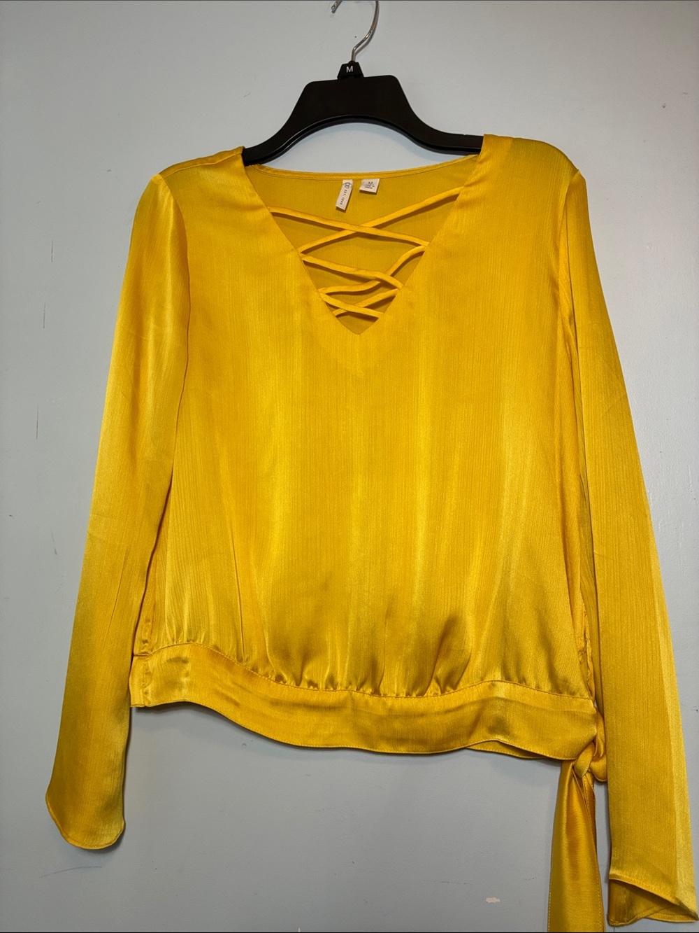 Cato Golden Yellow Satin Lattice V-Neck Blouse